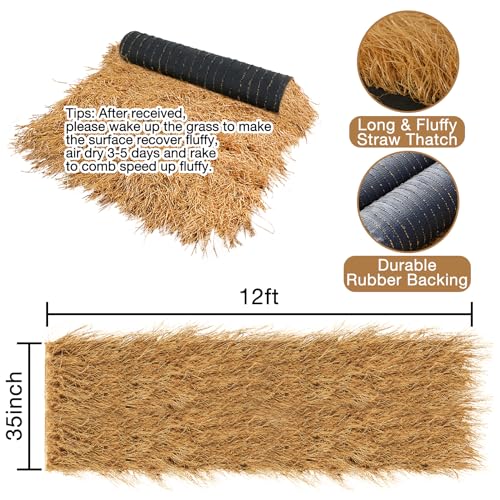 XLX TURF Artificial Thatch Roofing for Tiki Bar - Fake Hay Straw Mat for Farmhouse Western Cowboy Party Decorations Birthday Background - 35" x 12' Fireproof Duck Blind Grass - size: 35" x 12'