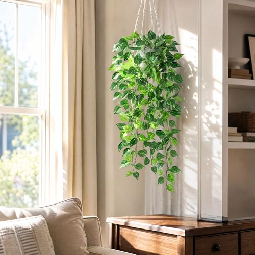 DREAMLOOM Fake Hanging Plants with Pot, Artificial Pothos Hanging Plants with Macrame Hanger for Indoor Decor, Fake Hanging Vines Faux Greenery for Home Kitchen Office - color: Pothos