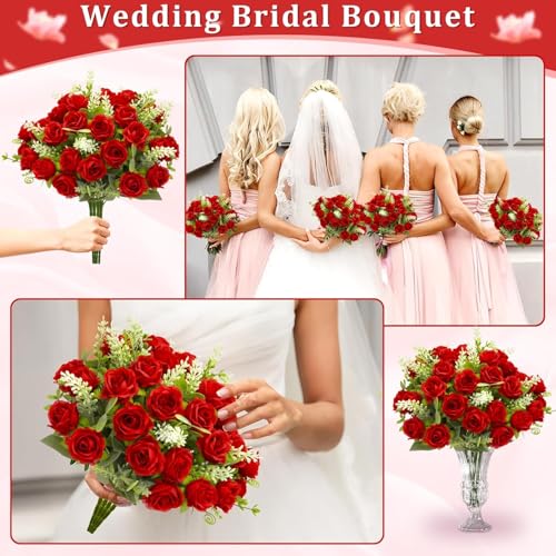 TURNMEON 40 Heads Fake Roses Artificial Flowers for Outdoors Summer Decor, 4 Bouquets UV Resistant Fake Flower Bouquet Faux Silk Roses for Wedding Birthday Party Home Indoor Cemetery Decor(Red) - color: Red