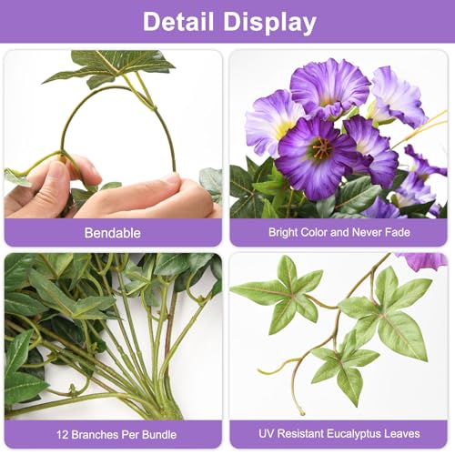 Artificial Fake Flowers Hanging Plants for Outdoor Spring Summer Decor, 2Pcs Faux Petunias Realistic Flowers Silk Morning Glory UV Resistant No Fade for Home Outside Garden Patio Yard Porch(Purple) - color: Purple