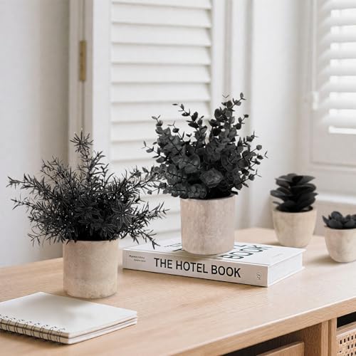 ALAGIRLS 4 Packs Fake Plants Small Artificial Plants Indoor Black Eucalyptus Rosemary Succulents Plants Potted Faux Plants for Home Indoor Office Bathroom Living Room Decor - color: Black-4pc