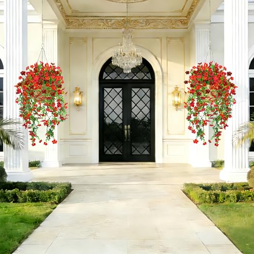 UV Resistant Artificial Hanging Flowers Outdoor Decor - 2 Pack Fake Hanging Plants with Silk Daisies for Spring Summer, No Fade Faux Flowers for Planter, Front Door, Porch, Patio, Garden, Yard - color: Brown Red