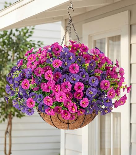 Artificial Fake Hanging Flowers Plants Baskets for Outdoors Spring Summer Decoration, UV Resistant Faux Silk Morning Glory in Planter Realistic for Outside Porch Patio Balcony Garden Yard Home Decor - color: B Purplefuchsia