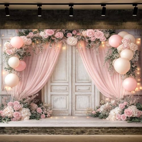 6X4ft Wedding Floral Backdrop Vintage White Wood Barn Doors Pink Rose Flowers Elegant Photography Background Bridal Anniversary Party Photo Shoot Decor Props - color: Multi10, size: 6X4ft