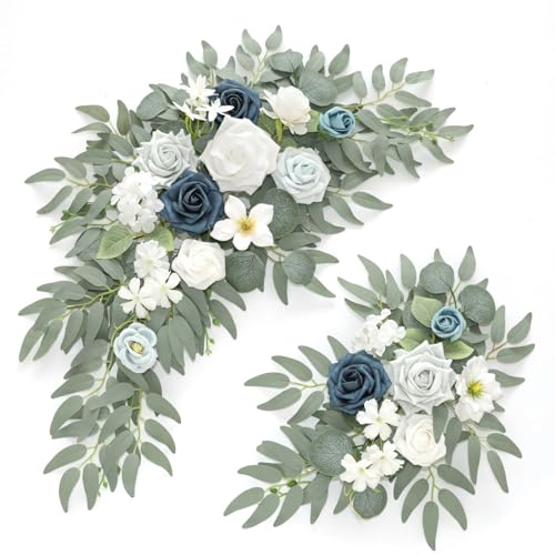 Faux Flower Swag Set of 2 for Wedding Welcome Signs Floral Swag Wedding Reception Ceremony Signs Decor (A-White Blue) - color: A-white Blue