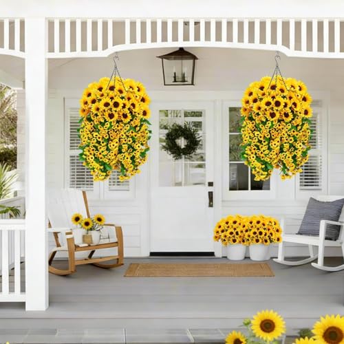 Zythrem 2 Set Artificial Flower Hanging Baskets Fake Sunflower Baskets Outdoor UV Resistant Fake Hanging Plants Baskets for Front Porch Patio Garden Yard Home Spring Summer (Yellow) - size: 27in