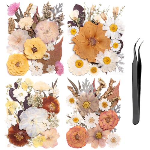 90pcs Boho Pressed Flowers Bulk, Vintage Dried Flower Leaves, Natural Fall Pressed Dried Flowers with Tweezer for DIY Crafts Resin Mold Candles Cake Bridal Scrapbooking Supplies - size: Boho