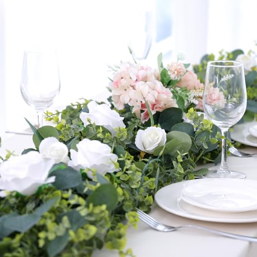 CEWOR 8pcs 5.8ft Artificial Eucalyptus Garland Fake Silver Dollar Eucalyptus Greenery Garland Vines for Mantle Table Runner Centerpiece Home Party Decor