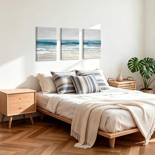 WENGTIAO Abstract Ocean Wall Art Set of 3 Blue Beach Canvas Paintings Minimalist Coastal Prints Pictures Sail Boat Home Decor Seascape Artwork for Living Room Bedroom Hallway 16”x24”x3Pcs - color: Abstract Blue Ocean, size: 16"x24"x3Pcs
