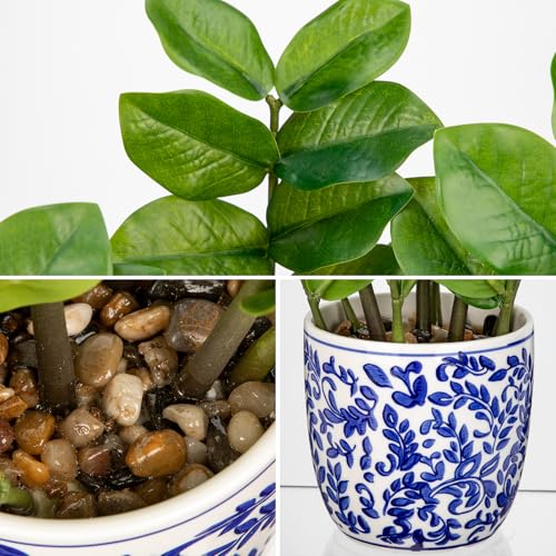 Briful Faux Plants Indoor 11.8in Fake ZZ Silk Plant in Blue and White Ceramic Pot Realistic Artificial Tropical Plant for Home Office Room Kitchen Shelf Decor - color: Small Size-blue and White Pot
