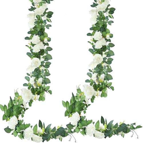Sggvecsy 2Pcs 15.5Ft Artificial Rose Vine Fake Flower Garland Floral Garland Faux Silk Hanging Vine Rose Ivy Vines for Wedding Arch Party Wall Garden Ceremony Background Outdoor Decor (White) - color: White, size: 2Pcs