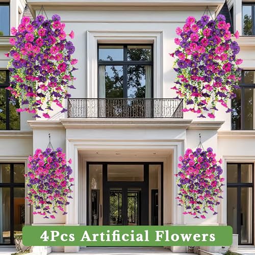 4 Pcs Fake Hanging Plants Artificial Flowers for Outdoors, Silk Petunia Faux Flowers Look Real Trailing Vines UV Resistant Faux Plants for Home Planter Porch Patio (2 Rose Red+2 Purple)