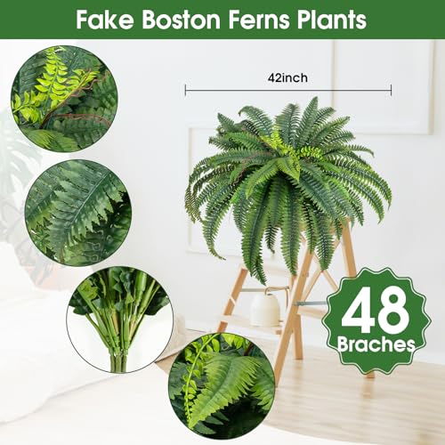 CQURE Artificial Boston Ferns for Outdoors, 42 Inch Large Fake Fern Plant with 48 Fronds, Set of 2 Realistic Artificial Fern Bushes for Indoor Outdoor Garden, Porch, Patio Decor - size: 42" 48 Leaves-2pc-A