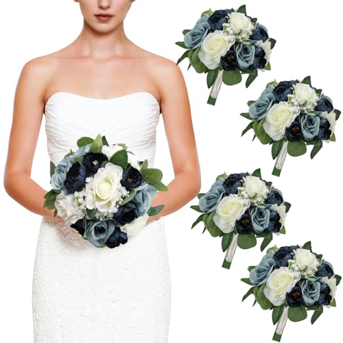 Set of 4 Bridesmaid Bouquets, 11 Inch Wedding Bouquets for Bridesmaids Artificial Flower Bouquets for Wedding Ceremony Bridal Shower Decorations - Navy & Dusty Blue & White - color: Navy & Dusty Blue, size: Set of 4 Bouquets