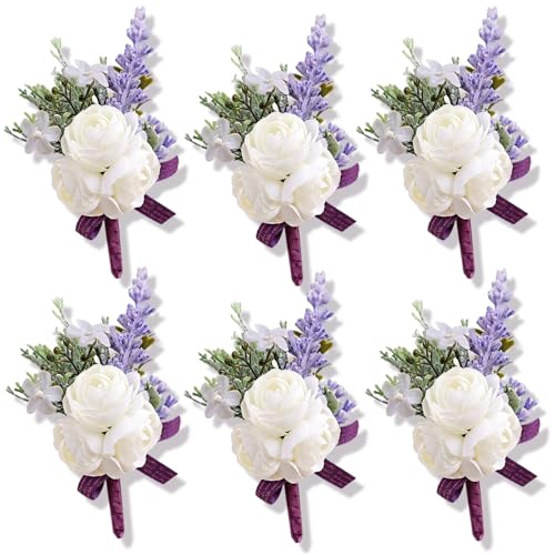 6Pcs White and Purple Artificial Boutonnieres for Men Wedding Prom | Faux Boutonniere with a Purple Ribbon, Suitable for Grooms and Groomsmen at Wedding, Prom, Various Suits, and Formal Dinners - color: Purple2# Boutonniere(6 Piece)