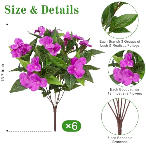 Artificial Flowers for Outdoors Decorations, 6 Bundles Realistic Impatiens Silk Faux Flowers UV Resistant Fake Plants for Outside Pot Patio Garden Porch Planters Window Box Balcony Indoor Home Decor - color: Purple