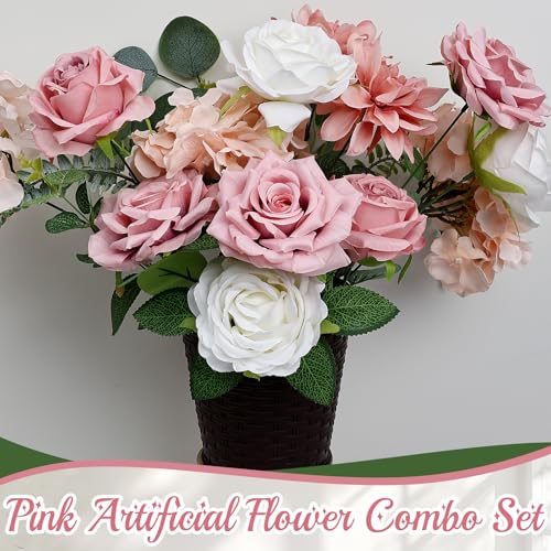 Artificial Flowers Combo Set, Fake Silk Flowers Decor with Stems for DIY Roses Wedding Party Centerpieces Bridal Bouquets Cake Decorations Arrangements Indoor Outdoor(Dusty Pink) - color: Dusty Pink