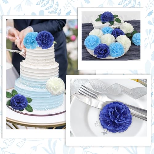108pcs Carnation Head with Stem, Royal Blue White Artificial Flowers Carnations Bulk, 3.5" Silk Carnation Flower for Wedding Bouquet Table Centerpieces Floral Arrangement Funeral Cemetery Gravesite - color: Gradient Blue&white