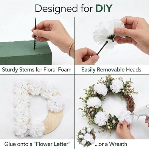 Larksilk 1000 Pack White Carnations Artificial Flowers, Silk for Weddings | Bulk 1000 white silk carnation heads on 5in wired stems for wedding centerpieces, bouquets, arches & DIY crafts - color: White, size: 1000