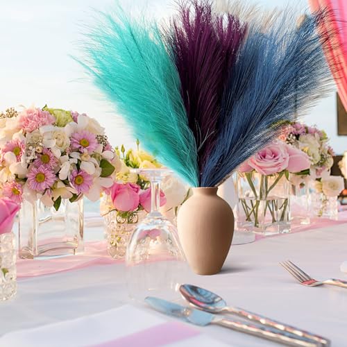 Pampas Grass Decor, Fluffy Faux Pampas Grass 6 Stem 18"/45cm Pompous Grass Small Flower Arrangement and Vase Filler for Boho Home Wedding Decoration - color: Lake Green& Deep Purple& Peacock Blue