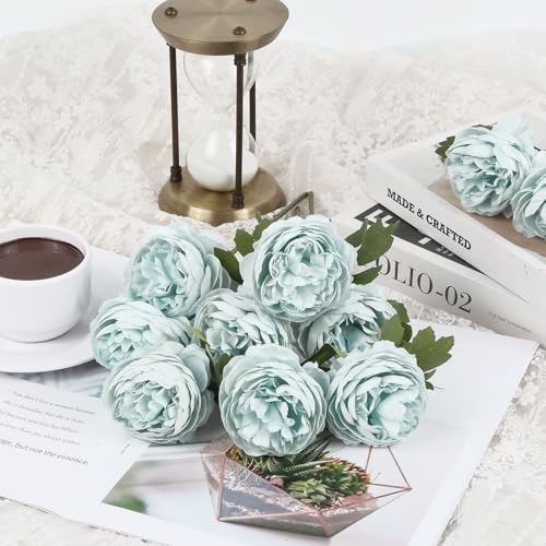 IPOPU 10pcs Light Blue Peonies Artificial Flowers Silk Peonies with Stems Real Look Fake Peony for Home Table Decorations Wedding Faux Flowers Arrangements (Light Blue) - color: Light Blue