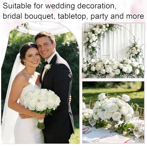 Ouddy Decor 20 Pcs White Roses Artificial Silk Flowers Fake Roses Bouquet with Long Stems for Mother's Day Decor Wedding Home Party Table Centerpieces Bridal Bouquet DIY Floral Arrangment, White - color: White, size: 20 Packs
