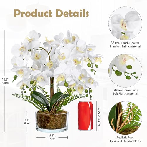 White Orchids Artificial Flowers 16.5" Faux Orchids Plant in Pot Fake Flower Arrangements with Glass Vases White Centerpieces for Kitchen Dining Room Tables Bathroom Nightstand Shelf Desk Decor - color: White Orchid & Moss