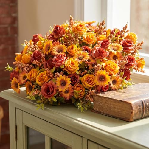 Fall Flowers Artificial for Outdoor Decoration, 6 Bundles Faux Fall Flowers Fake Rose with Artificial Mums for Front Porch Garden Patio Window Box Outside Autumn Home Indoor Decor (Fall Orange) - color: Fall Orange