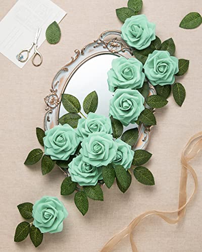 DuHouse 25Pcs Artificial Roses Flowers Fake Roses with Stems Real Touch Foam Flowers for DIY Wedding Bouquet Centerpiece Floral Arrangement Party Home Decor(Mint Green) - color: Mint Green, size: 25pcs