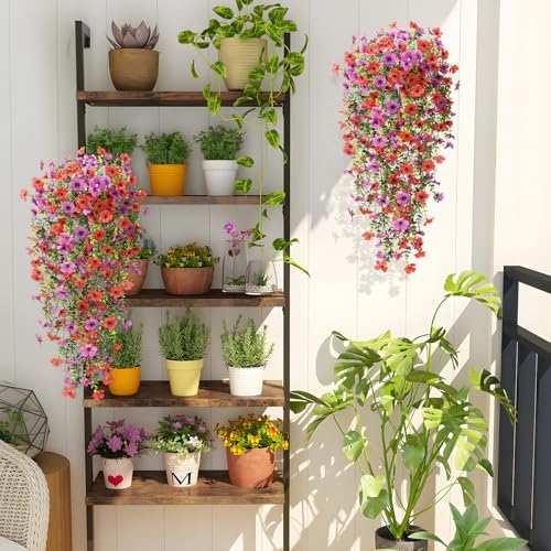 ZFProcess Artificial Hanging Flowers Plants for Outdoor Spring Summer Decoration,2PCS Faux Silk Daisy UV Resistant Look Real for Outside Home Indoor Planter Porch Window Yard Decor(Red Purple) - color: Z Red Purple