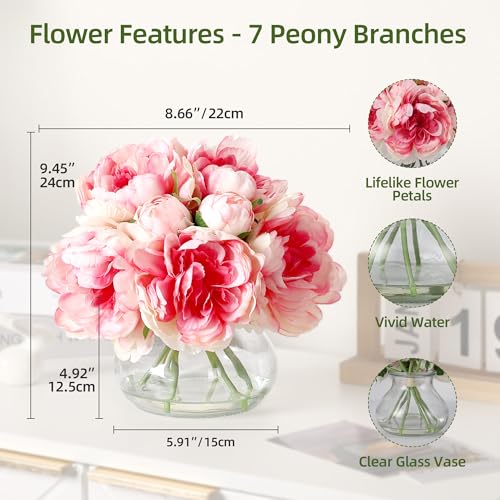 Pink Peonies Artificial Flowers in Vase, Silk Faux Peony Fake Flower Arrangements with Glass Vase and Faux Water for Home Decor Wedding Bouquets Table Centerpieces - color: Peony Vase With Faux Water, size: Pink