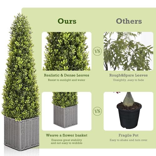 48 Inch Artificial Boxwood Topiary Tree 2 Pack, Two 4FT Potted Boxwood Tree Cone Topiary Artificial Plant Shrub for Front Porch Home Office Decor…… (2, 4FT)