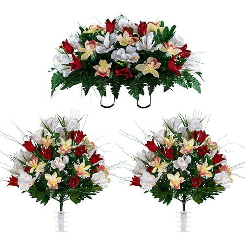 Sympathy Silks Artificial Cemetery Flowers - Grave Decoration - Red Tulips and White Iris (1) Headstone Saddle (2) Bouquets - color: Red/White, size: (1) Saddle (2) Bouquets