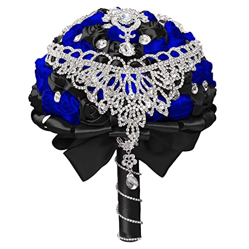 Sharebeauty 7.1 Inch Handmade Satin Rose Bridal Bouquet Toss Round Wedding Bouquet Throw Toss Artificial Flower Bunch Black + Royal Blue - color: W28714 Black/Royal Blue, size: 7.1"/18cm