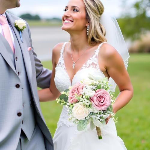 Pink Bridesmaids Bouquets Set of 6 - 7 Inch Artificial Flowers Bridesmaid Bouquet for Wedding Pre-Made Rustic Rose Small Floral Bouquets for Bridal Shower Marriage Proposal Party Anniversary Decor - color: Green & Blush Pink, size: 6pcs