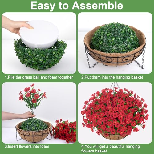 Bassion Artificial Hanging Flowers for Outdoors, UV Resistant Silk Flowers Basket Red Faux Daisy with Eucalyptus Leaves Hanging Fake Plants for Porch Balcony Patio Home Spring Summer Decoration - color: Red