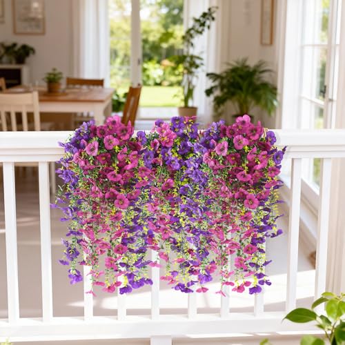 Fake Artificial Flowers for Outdoors, 4 Pcs Faux Hanging Pansy Flowers Spring Summer Decor, UV Resistant No Fade Fake Plants Silk Flower for Planter Front Door Porch Patio Yard Garden(Purple Rose Red) - color: Dark Purple,rose Red