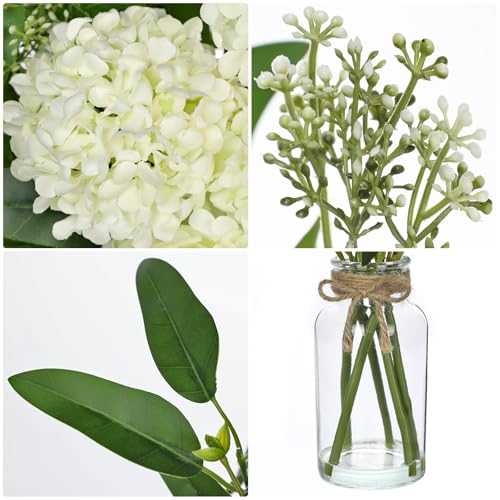 Hollyone White Hydrangea Artificial Flowers in Clear Glass Vase with Faux Water Silk Hydrangeas Fake Flowers Floral Arrangement for Home Bathroom Kitchen Office Table Centerpiece Shelf Decorations - color: White