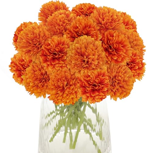 Kimura's Cabin 20Pcs Orange Chrysanthemums Artificial Flowers Marigolds Ball Flower with Stem Silk Fake Mums Fall Flowers for Autumn Home Table Centerpieces Day of The Dead Decor Halloween Arrangement - color: Orange Yellow