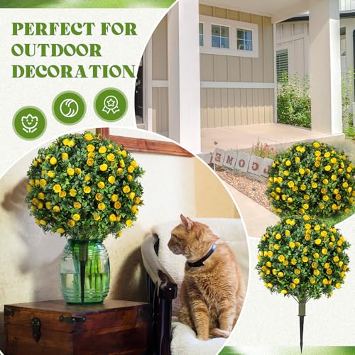 Lunmon 2 Pack 24" Artificial Topiary Ball Plants Trees with Flowers, Outdoor Fake Topiary Plants with Ground Spike, UV Resistant Faux Bushes for Indoor Outdoor Front Door Decor(Yellow,Rose) - color: Yellow, style: Rose