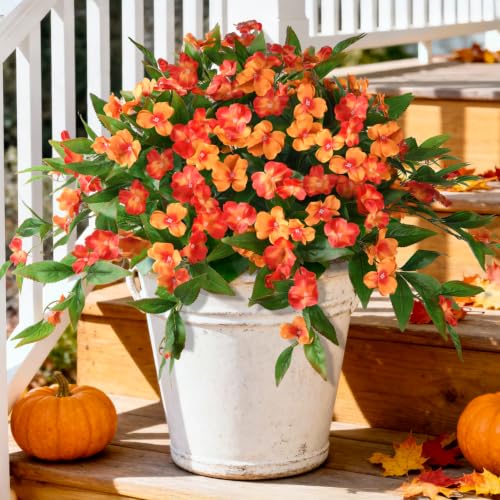 Hommyea Fall Artificial Flowers for Outdoor Fall Decor, 2 Bundles Fake Flowers UV Resistant Faux Silk Flowers No Fade Plastic Flowers for Outside Planters Home Porch Patio Yard Garden Decor - color: Orange,autumn Sunset Red