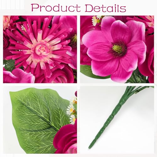Briful Artificial Flowers Bouquet - 2 Pack Hot Pink Faux Silk Floral Arrangement Fake Magnolia Chrysanthemum Rose Mixed Flower for Home Office Room Vase Memorial Cemetery Outdoor Decor - color: Hot Pink