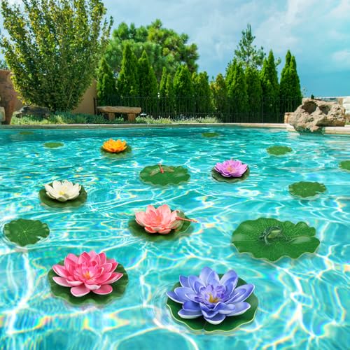 QUOZUO 22 Pack Artificial Floating Foam Lotus Flowers with Artificial Frog Lotus Leaves, Lily Pads for Lake, Pond Plants Ornaments for Pool Water Decoration, Colorful