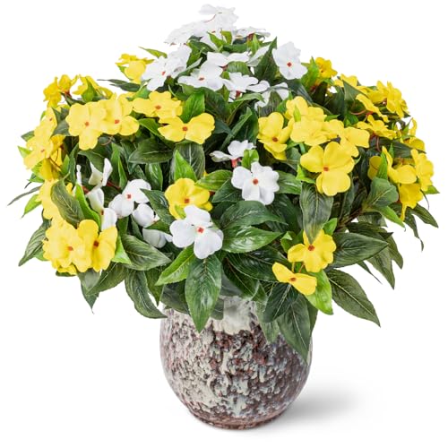 Nigirior Artificial Fake Flowers for Outdoor Décor 6 Bundles UV Resistant Fake Plants for Planter Faux Impatiens for Home Porch/Garden Stunning（Yellow/White） - color: Yellow/White