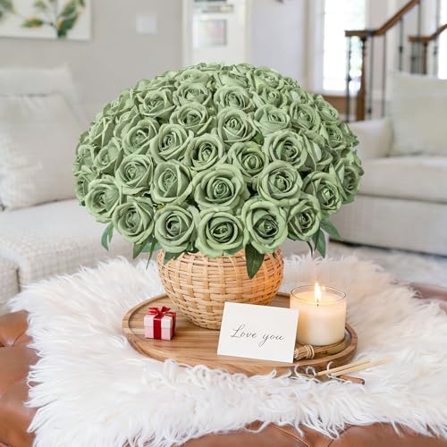 50 PCS Green Roses Artificial Flowers, Fake Roses with Stem Realistic Silk Roses for DIY Wedding Bouquets Tables Centerpieces Arrangements Baby Shower Birthday Home Decor Valentine's Day Gift for Her - color: Elf Green