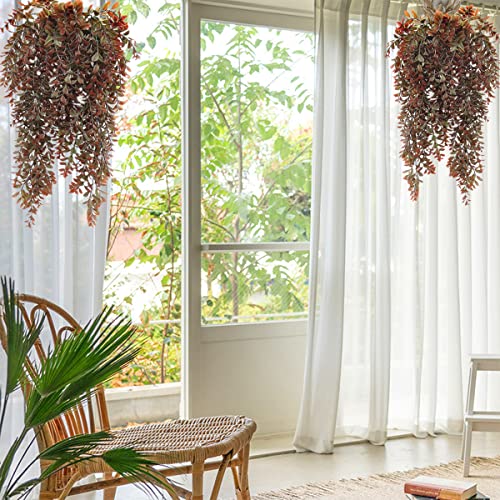 Artificial Hanging Plants Red 4 Pack, Brown Leaves Fake Vines Decoration Plastic Ivy Leaf Rattan Greeny Vine Houseplants for Wedding Indoor Outdoor Home Garden Bedroom Office Wedding Décor - color: Red Leaves Vine - 4pcs