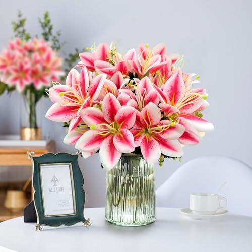 4 Bundles Artificial Tiger Lily Silk Flowers Faux Fake Lilies Plants for Wedding Bouquet Home Party Indoor Table Hotel Office Vases Floral Arrangements Outdoor Garden Decor (Rose Pink) - color: Rose Pink