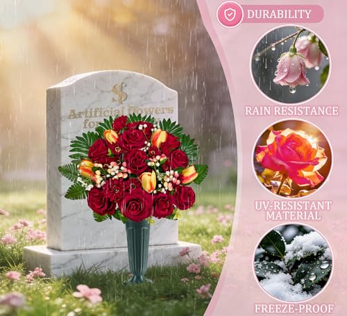 Artificial Cemetery Flowers for Grave,Memorial Flowers Bouquet with Vase for Headstones Decoration Red Rose Daisies Berry Tulips - color: Red