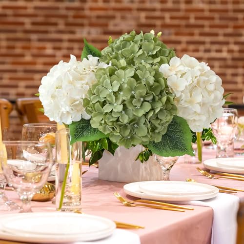 JINWOE Green Flowers Artificial Hydrangeas, 5Pcs 20Inch Large Lifelike Faux Silk Flowers, Full Artificial Hydrangeas for Bouquet Table Centerpieces Indoor Spring Outdoor Home（Rosemary Green） - color: Rosemary Green