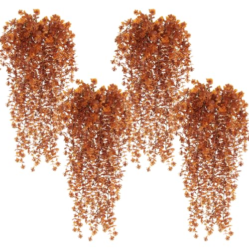 SJL Artificial Hanging Mums Flowers Outdoor, Fake Hanging Fall Flowers UV Resistant Faux Mums Plants Artificial Greenery Vines for Home Garden Porch Wedding Party Decor 4Pcs (Brown) - color: Brown